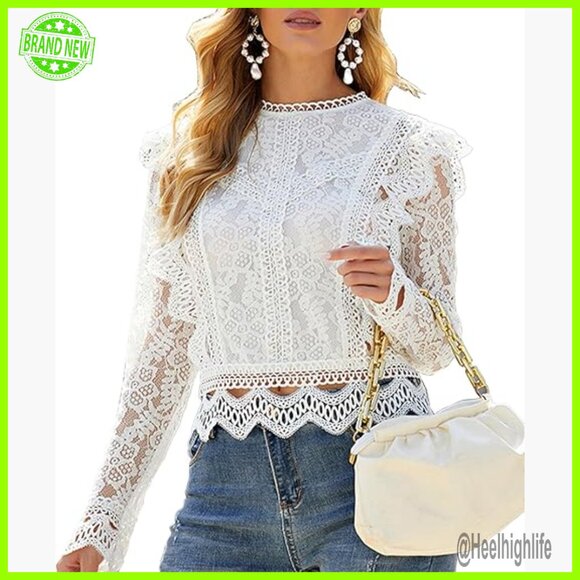 Tops - Floral Lace Crochet Sheer Blouse Victorian Ruffle Trim Scalloped Hem